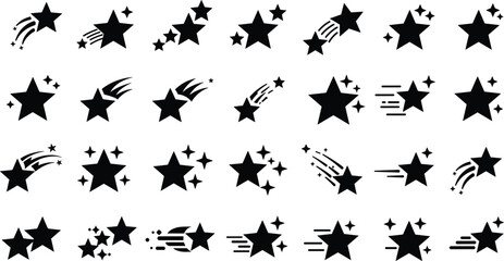 Star icon set, black vector stars, sparkle symbols, twinkle effects, shooting star graphics, decorative star illustrations © Md
