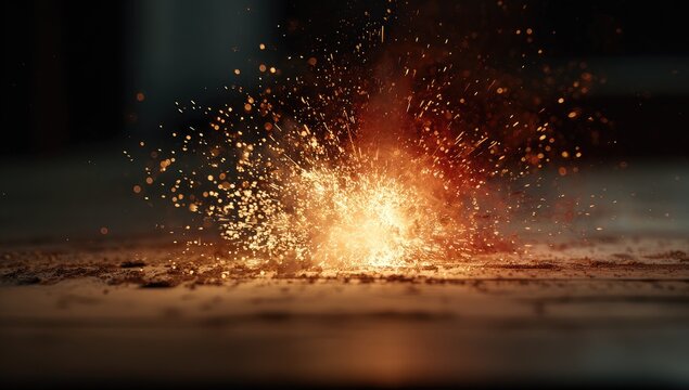 A brilliant fiery explosion erupts on a textured surface, showering sparks - Powered by Adobe