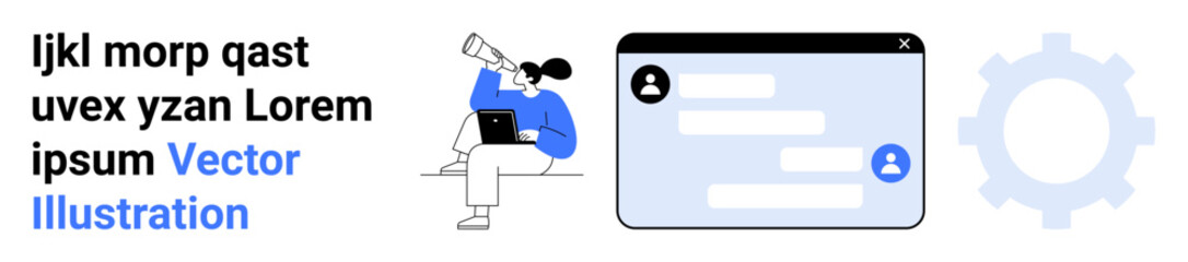 Obraz premium Digital collaboration, chat tools, user engagement, productivity platforms, online communication, workflow. Woman studies with a laptop and gears with chat interface. Digital collaboration and chat