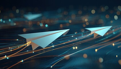 Paper airplanes soaring through a futuristic, glowing digital network