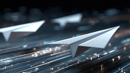 Digital communication paper airplanes soar through glowing data streams