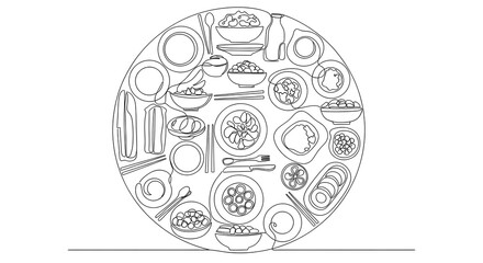 Line Art Circular Sushi Plate with Assorted Japanese Dishes and Chopsticks for Food Presentation