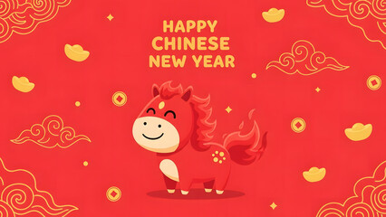 Fototapeta premium Happy Chinese New Year Greeting Card with Cute Red Horse Character