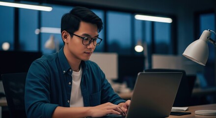 A focused person with glasses uses a laptop in a softly lit, modern office at dusk