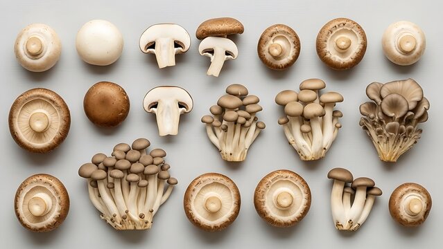 Assortment of raw mushrooms arranged on a neutral background overhead shot