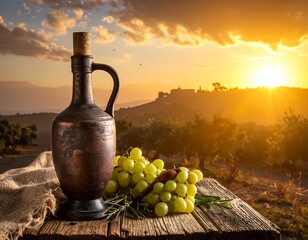 Rustic outdoor scene with a jug, grapes, and sunset