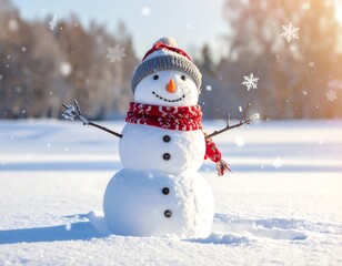Obraz premium Cheerful snowman with red scarf and hat in a snowy winter scene