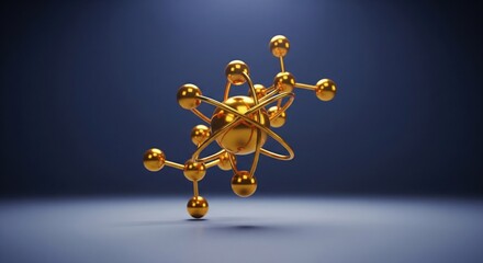 A golden molecular structure floats on a dark blue backdrop, showcasing scientific concept