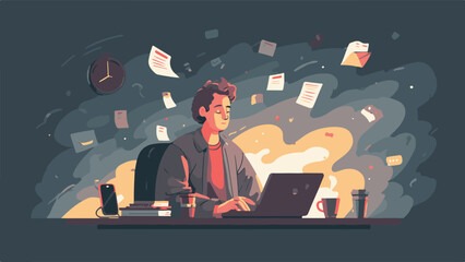 A professional man sitting at his office desk surrounded by floating documents and working on a laptop with a cup of coffee nearby in a chaotic environment from a frontal viewpoint