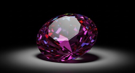 Fototapeta premium A highly-faceted, brilliant-cut, oval gemstone radiating intense purple hues against a black backdrop