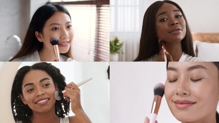 Four women engage in self-care routines at home, showcasing beauty techniques like applying makeup and pampering. Their joyful expressions reflect relaxation and friendship during this creative time.
