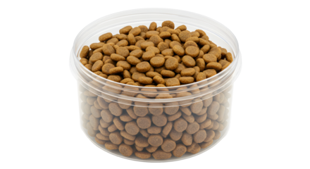 Clear Plastic Container Filled with Small Brown Dog Food Kibble on White Background