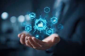 Digital hub connecting industry, data, and innovation in outstretched hands