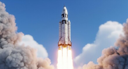A large white and grey spacecraft blasts off into a blue sky, enveloped by smoke and flames