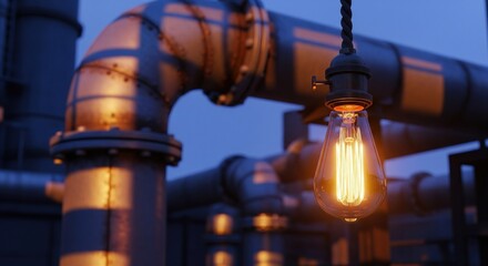 A lit vintage light bulb hangs, set against industrial pipes under a blue-toned sky