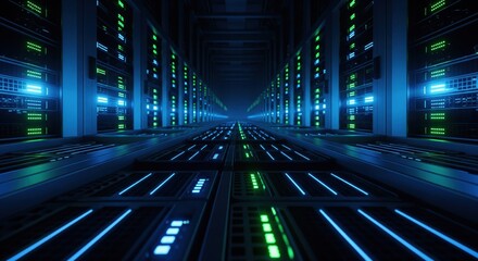 A long, blue-lit data center hallway with rows of servers receding into the distance