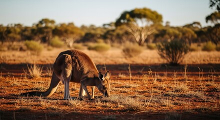 A lone kangaroo grazes in a dry, sunlit outback landscape, with sparse vegetation
