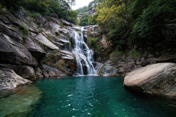 Lush forest surrounds a cascading waterfall flowing into a clear blue pool