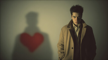 Moody valentines day concept with man shadow heart shape on wall romantic emotion portrait style lighting warm vintage tone