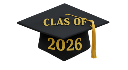 Graduation Cap with Class of 2026 Text in Black and Gold with Tassel for Educational Achievement