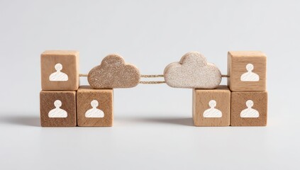Wooden blocks with person icons connect through cloud shapes