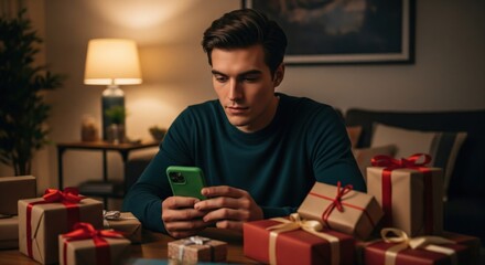 A man uses his phone amidst wrapped gifts, illuminated by a lamp, cozy indoors