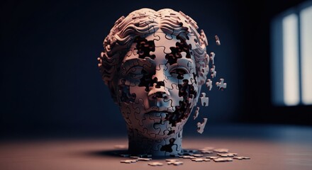 A marble bust, fragmented into puzzle pieces, sits on a floor against a dark background