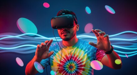A man wearing VR headset interacts, surrounded by neon lines and floating shapes