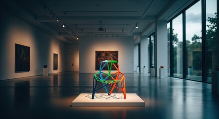 A modern art gallery showcases a geometric sculpture on a pedestal, framed by paintings & windows
