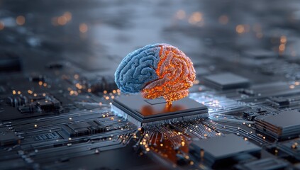 Digital brain glowing on circuit board, symbolizing AI and technology