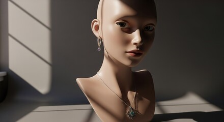 A mannequin head displaying jewelry, bathed in natural light with soft shadows