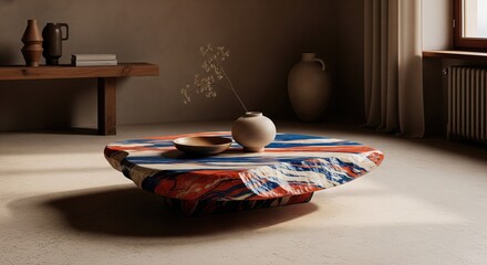 A modern living space shows a unique, colorful coffee table with decor and sunlight