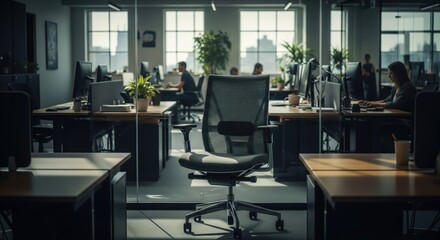 A modern, sunlit office space with people at work, computers, and an empty chair