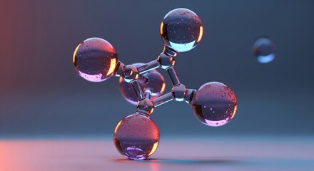 A molecular structure with reflective spheres and connecting rods, lit with red and blue