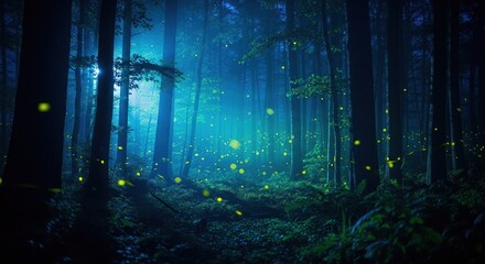 A mystical forest at night, illuminated by ethereal fireflies dancing amidst the trees
