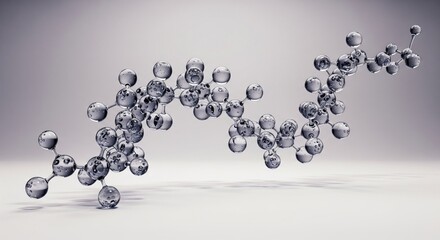 A molecular model depiction with crystal spheres and connecting bonds on a gradient background