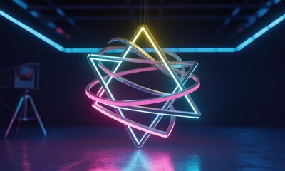 A neon geometric sculpture glows in a dark room with a tripod-mounted screen