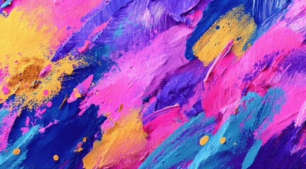 Abstract explosion of thick, textured paint strokes in vibrant pink, purple, blue, yellow