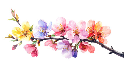 tree branch with colorful flowers isolated on transparent background