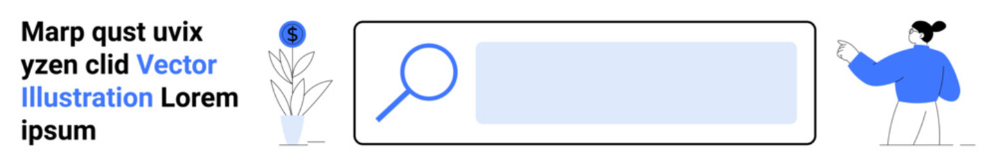 Fototapeta premium Online search, user interface, digital navigation, internet tools, modern technology, information lookup. Magnifying glass and search bar with a woman pointing. Online search and user interface