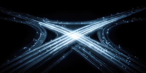 Abstract light trails intersect, forming a glowing blue x-shape on black