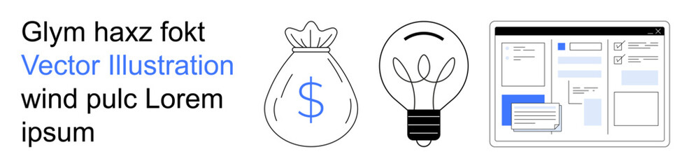 Business, creativity, financial planning, web design, digital innovation, graphic design. A money bag, light bulb and web interface visuals. Business and creativity © robu_s