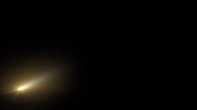 3D animated golden meteor streak moving across a dark background, creating a cinematic shooting star and light trail effect for visual effects, transitions, motion graphics, and fantasy scenes.