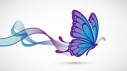 Vibrant purple and blue butterfly with flowing ribbon on white background, symbolizing freedom and beauty in nature, perfect for design and artistic projects