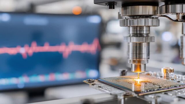Microscopic Precision: A cutting-edge laboratory environment showcases the intricacies of technology. The focus is on a high-tech microscope examining a circuit board