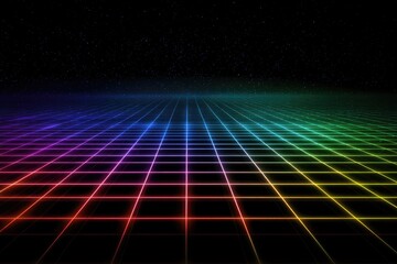 Neon grid receding into starry darkness, glowing with rainbow hues