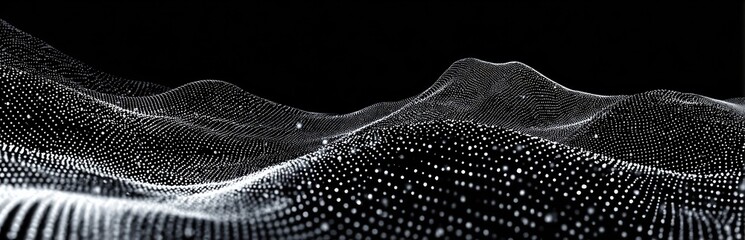 A digital landscape of glowing dots forms abstract, undulating hills against a black background