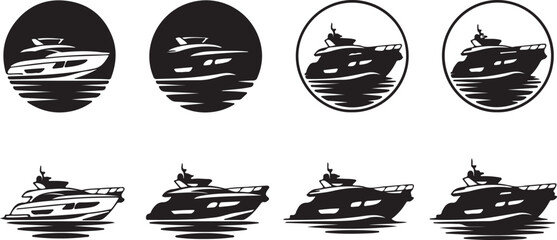A set of black silhouettes of speedboats on water, illustrated from various viewpoints, showcasing different designs and graphic styles.