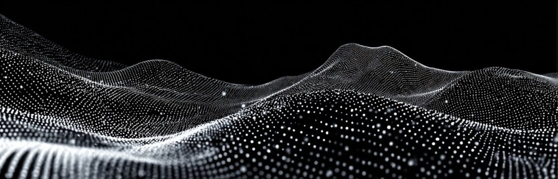 A digital landscape of glowing dots forms abstract, undulating hills against a black background - Powered by Adobe