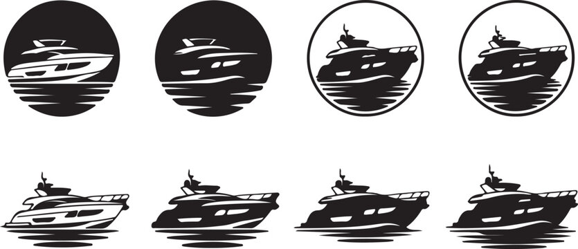 A set of black silhouettes of speedboats on water, illustrated from various viewpoints, showcasing different designs and graphic styles.